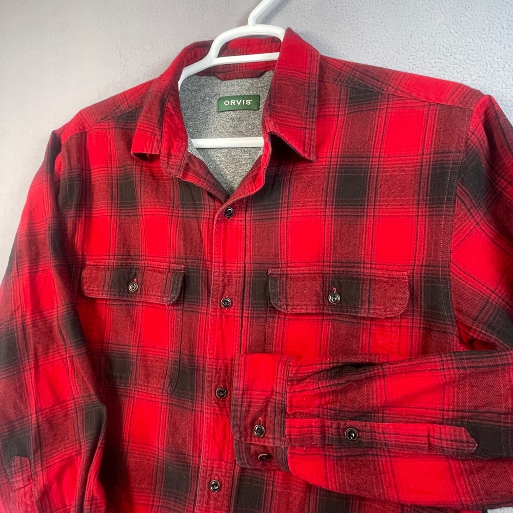 Orvis Shirt Jacket Mens M Red Black Plaid Flannel Lined Button Up 2M3X Outdoor